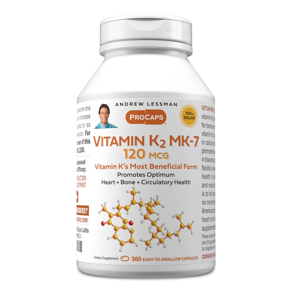 ANDREW LESSMAN 비타민 K2 MK7 120 mcg 360 Softgels - 건강한 칼슘 이용을 위해 필수, 최적 해골, 심장 및 동맥 건강을 승진시킵니다. 첨가물 없음. 작은 쉽게 삼키기 Softgels