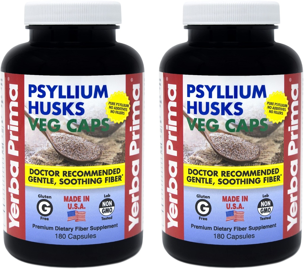 Yerba Prima Psyllium Husks Veg Caps - 180 Count (2 Pack) (625mg) - Vegan, Non-GMO, Gluten Free, Colon Cleanser, Gut 건강 및 정기적을위한 일일 섬유 보충