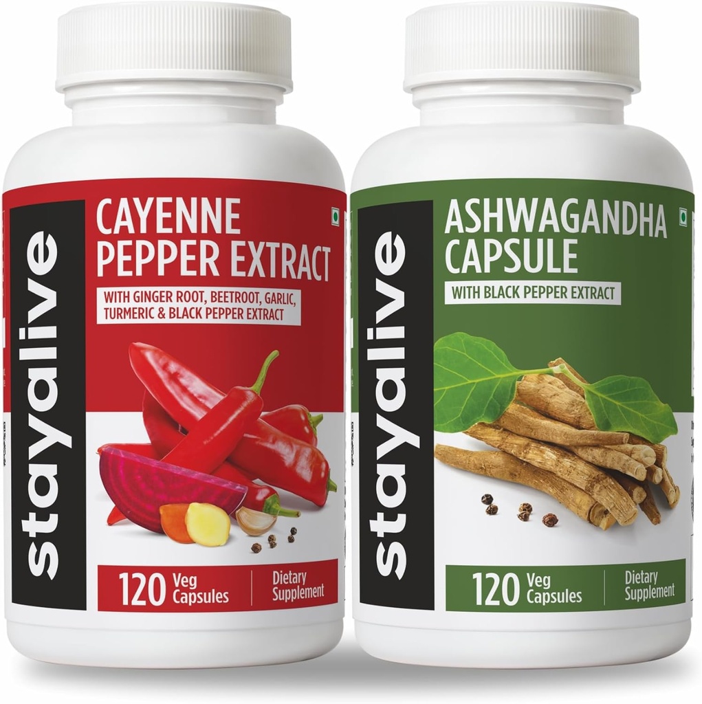 STAY ALIVE 카이엔과 Ashwagandha 번들 w/Black Pepper Extract Capsules, 240 Vegan Pills, Non-GMO & Gluten 무료 Ashwagandha Cayenne Pepper Supplement