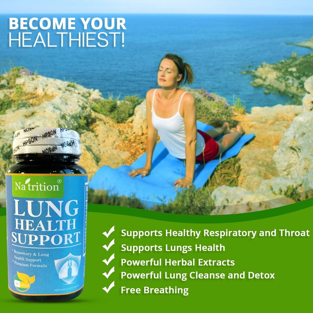 Na'trition NATRITION Lung Support Supplement - 남성과 여성을위한 Lung Health Natural Supplement - 비타민 C, 아연, Quercetin 및 Ginger Powder와 더 나은 Lungs 보충 - 60 캡슐