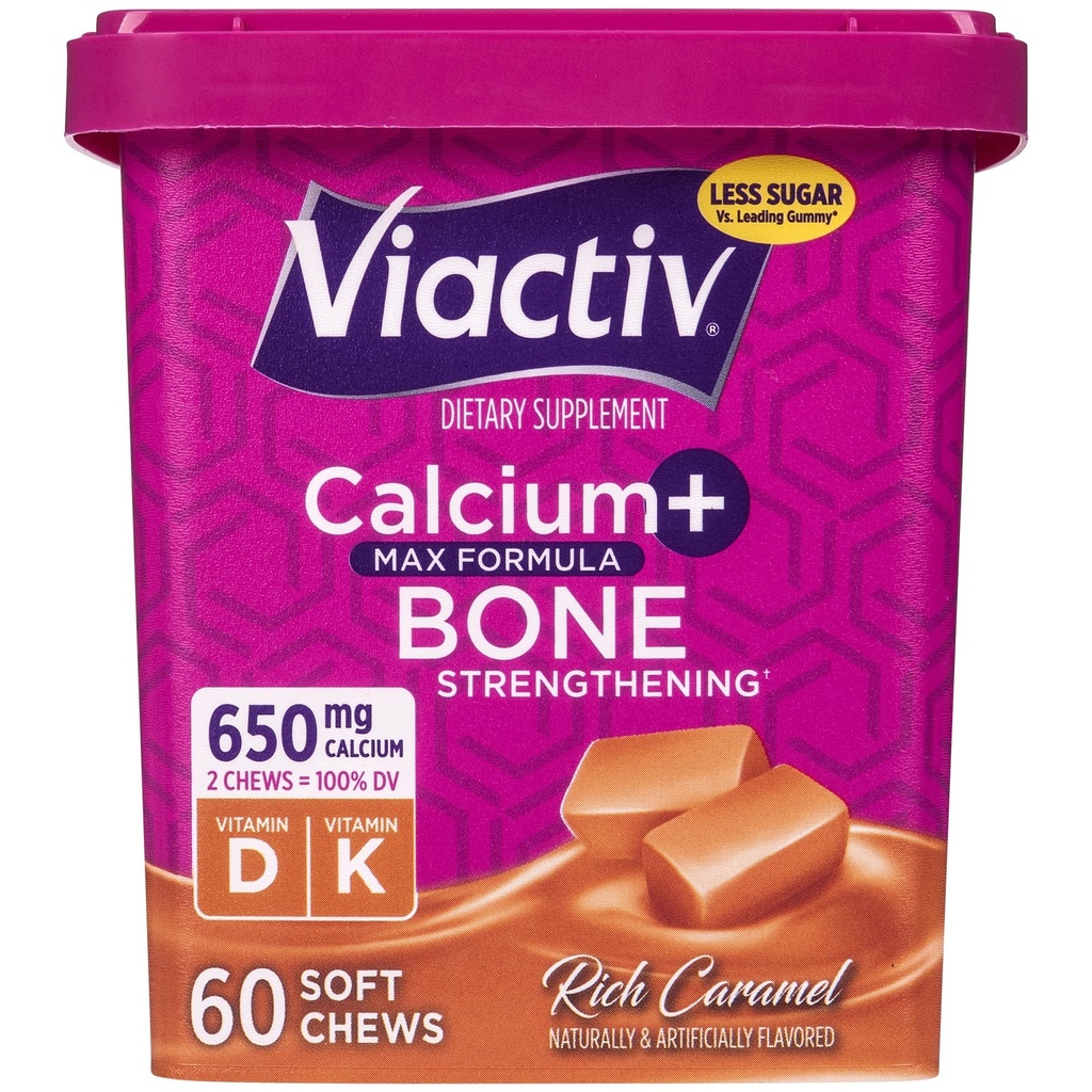 Viactiv 칼슘 + 비타민 D 보충교재 여자 & 남자를 위한 연약한 Chews - 뼈 건강 지원을 위한 Chewable 칼슘, 서빙 당 650 mg, 높은 흡수를 위한 비타민 D & K - 60 조사, Caramel