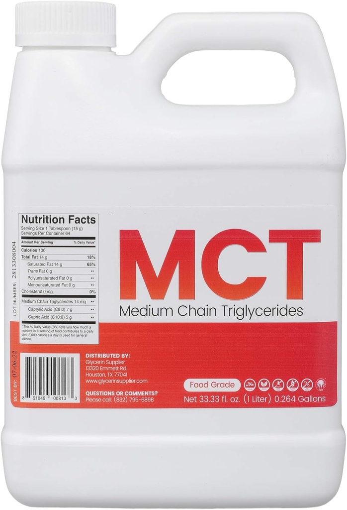 글리세린 공급자 MCT 기름 - 1개 리터 (33.33 Oz.) 음식 급료 - 비 GMO - Halal - Vegan - 지속 가능한 팔은 - Tinctures, 스포츠 영양, Keto 또는 Paleo Diet를 위해 -, 청결한 에너지