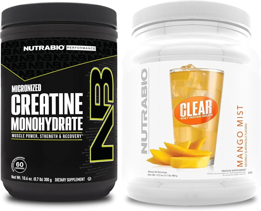NutraBio Creatine Monohydrate, Unflavored, (300 g) 및 Clear Whey Protein Isolate, (Mango Mist) 보충교재 번들 - 근육 에너지, 최대 성장, 회복 및 힘