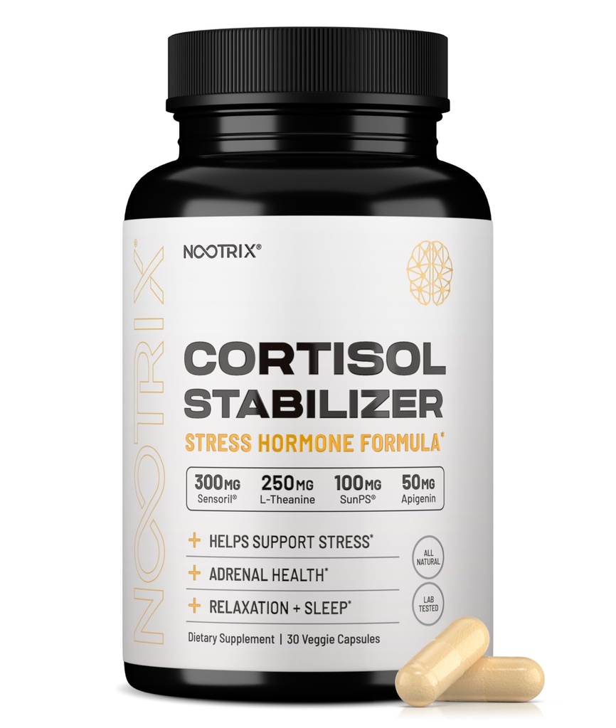 Nootrix Cortisol Manager & Stabilizer 보충교재 | 지원 깊은 잠, Relaxation, Adrenal 건강 & 긴장 | 300mg Ashwagandha | L-Theanine, Rhodiola Rosea 추출물 & Apigenin | 30의 캡슐