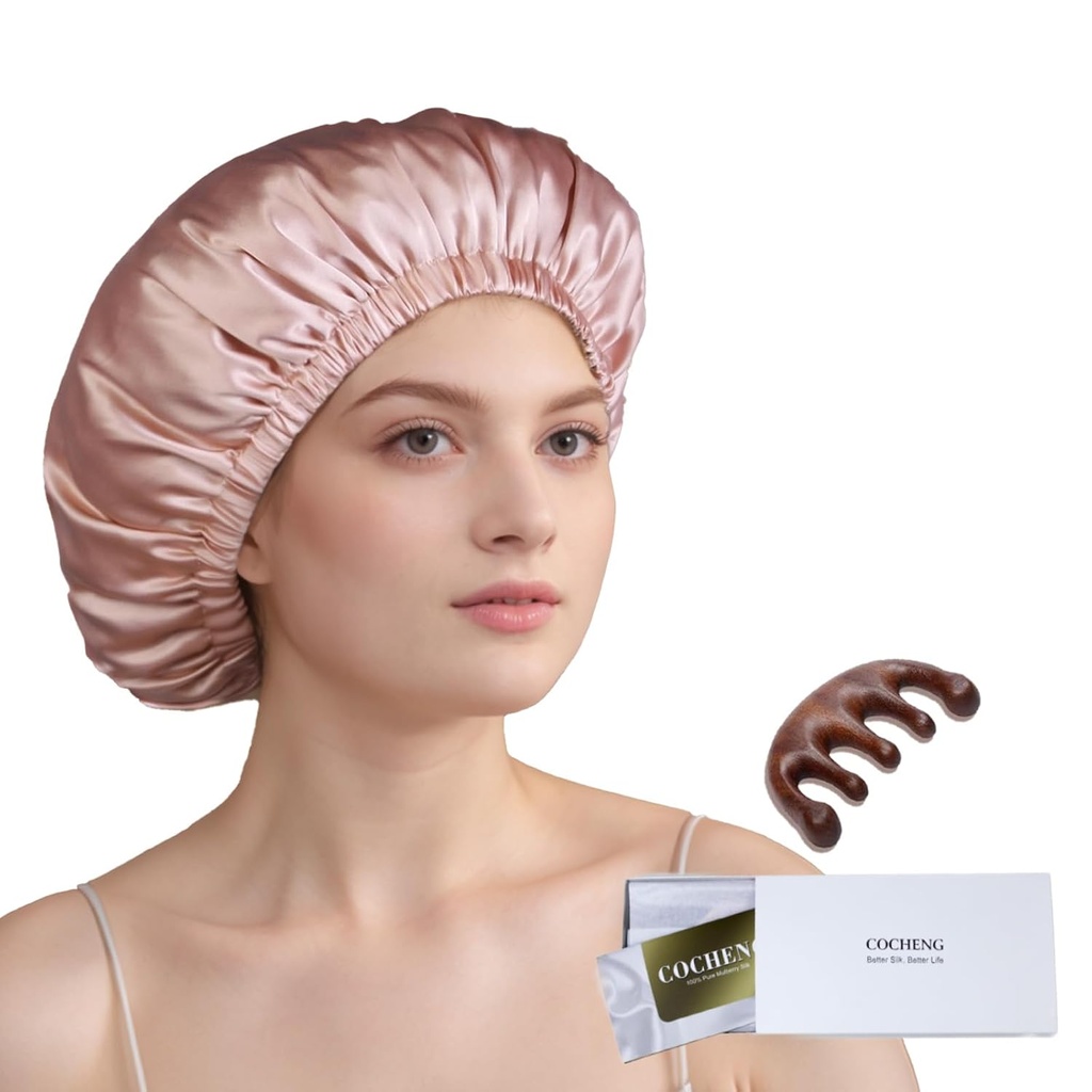 100 % 뽕나무 실크 보닛 자 여자 긴 머리 -더블 레이어 수면 모자 -Silk Sleep Bonnet with Elastic Stay On Head (핑크, 대형)