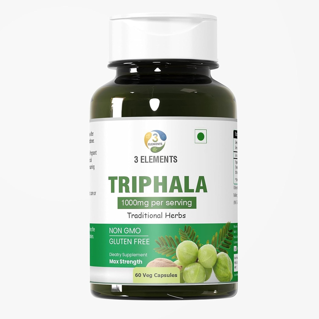 3elements Triphala 1000mg I 60 캡슐 매일 Detoxifying, Cleansing, & Rejuvenating, Digestion & Colon Support, Immune 시스템 지원, Adaptogen, Nutrient Dense, Vegan, 글루텐 프리