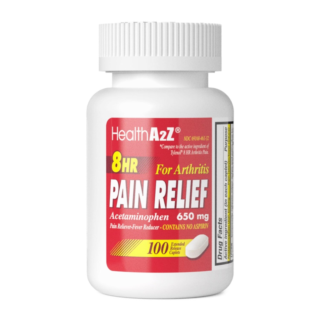 HealthA2Z® Pain Relief Extended Release | 아세타미노펜 650mg | 8시간 | 관절염 통증 | 통증 리알레르 - Fever Reducer | 아스피린 없음 (100개)