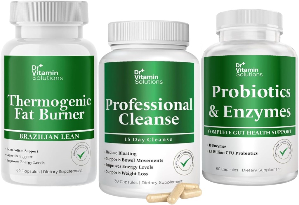 DR VITAMIN SOLUTIONS Thermogenic 지방 버너 및 전문 Detox Cleanse 번들 - 15 일 무게 관리, Gut 건강 및 Bloating 구호를위한 깨끗 - 240 캡