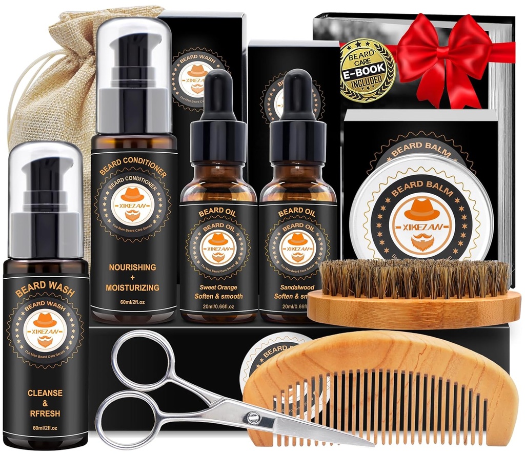 XIKEZAN Beard Kit for Men Grooming & Care w/Beard 컨디셔너, 세척, 기름, 발, 솔, 빗, 생일 아버지 발렌타인 선물을 위한 남자 아빠 아빠 남편 Boyfriend Christmas Gifts Men Stocking Stuffers