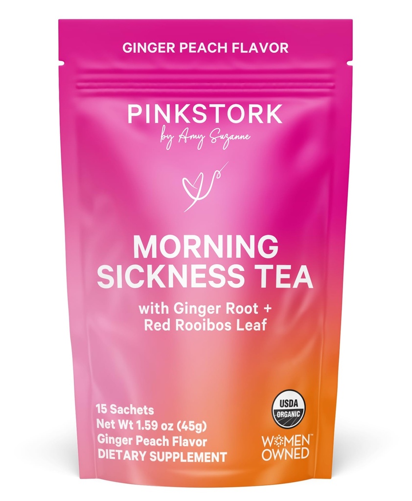핑크 Stork 유기 아침 향신료 임신 차 - 뜨겁거나 얼음 차 - Prenatal Heartburn, Indigestion 및 변비 지원 - 1st Trimester 임신해야 - Ginger Peach, 15 Sachets