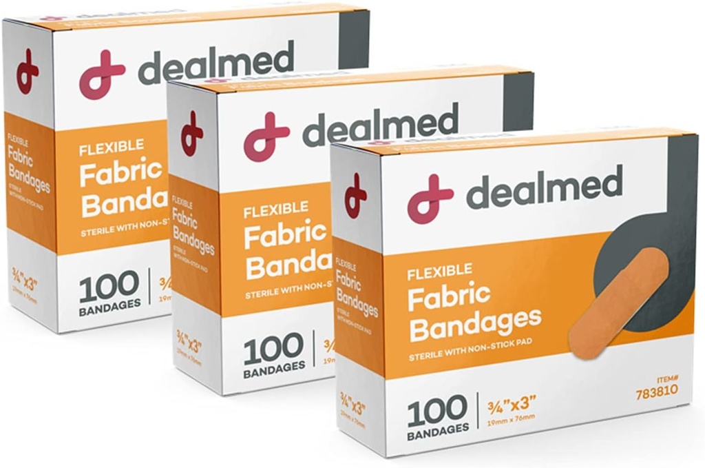 Dealmed 직물 가동 가능한 접착성 붕대 – 100개 조사 (3 팩) 비 찰상 패드, 유액 자유로운, 첫번째 원조 장비를 위한 부상 배려, 3" x 3/4"