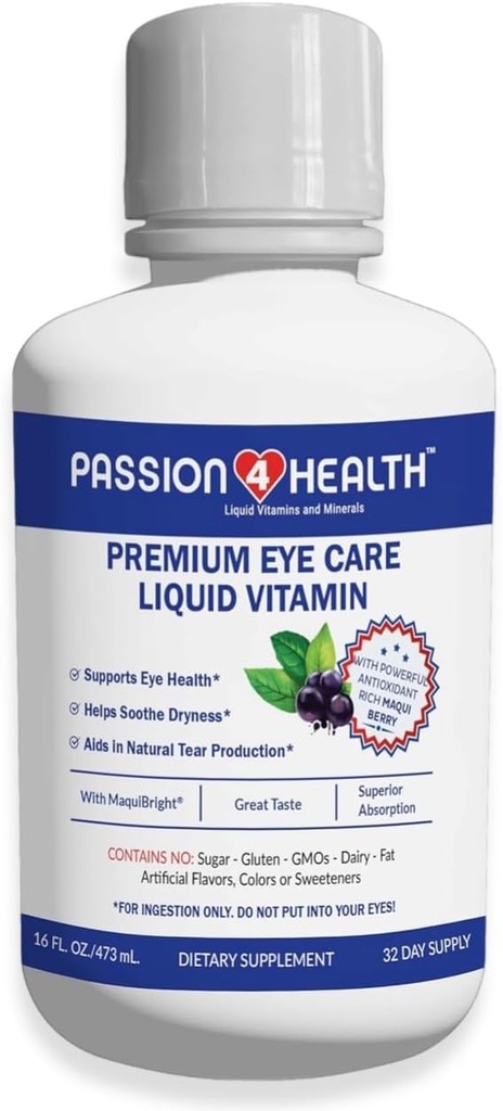 Passion 4 Health Liquid Eye Vitamins - Natural Vision & Adult Eye Care Supplement - Maqui Berry Extract, Gluten-Free, Non-GMO, No Sugar - 30 일 공급, 미국제