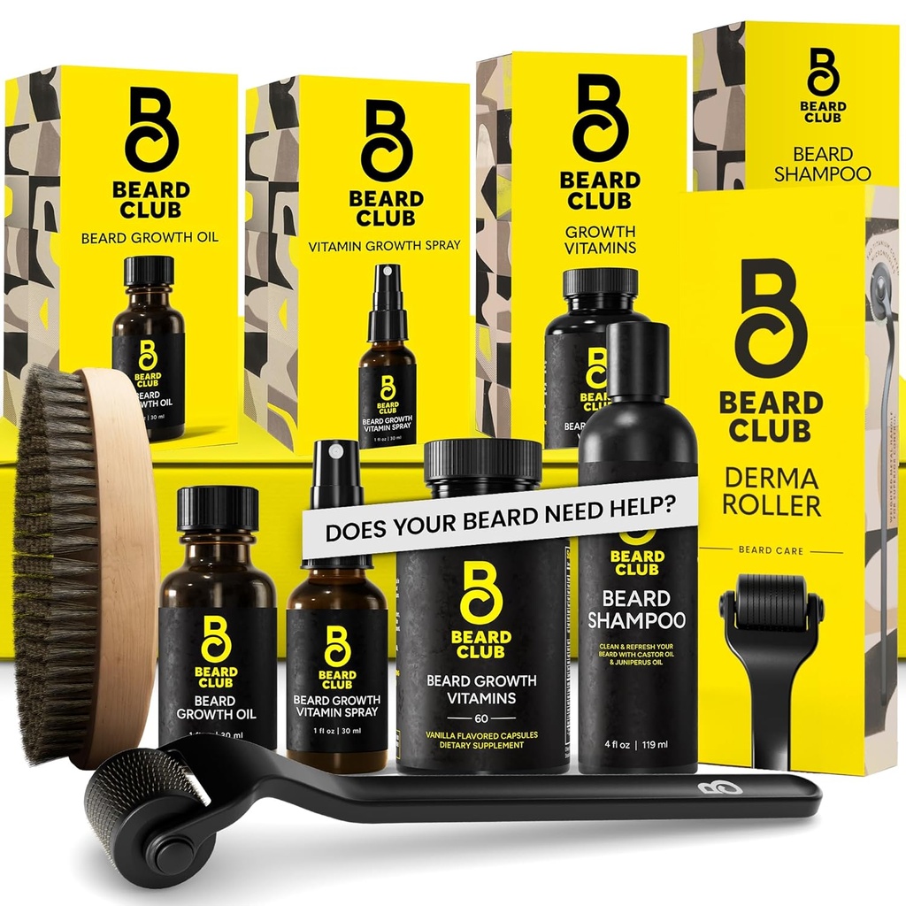 Beard Club Advanced Beard Growth Kit - 피부 롤러, 성장 오일, 비타민 및 비타민 스프레이, 샴푸 및 Boar Bristle Brush - 선물 세트 - Cedar