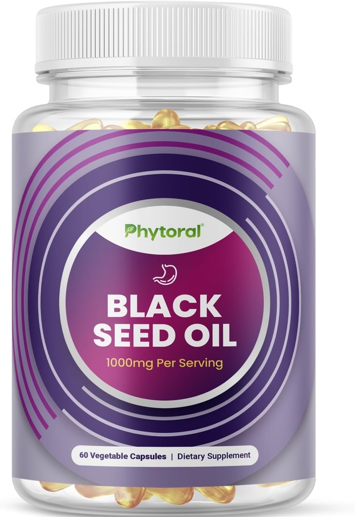 Phytoral Premium Black Seed Oil Capsules - Digestive Health Immune Support 및 Brain Booster Antioxidant Supplement 용 Nigella Sativa Black Seed Oil 알약 - 전체 스펙트럼 Cumin 캡슐