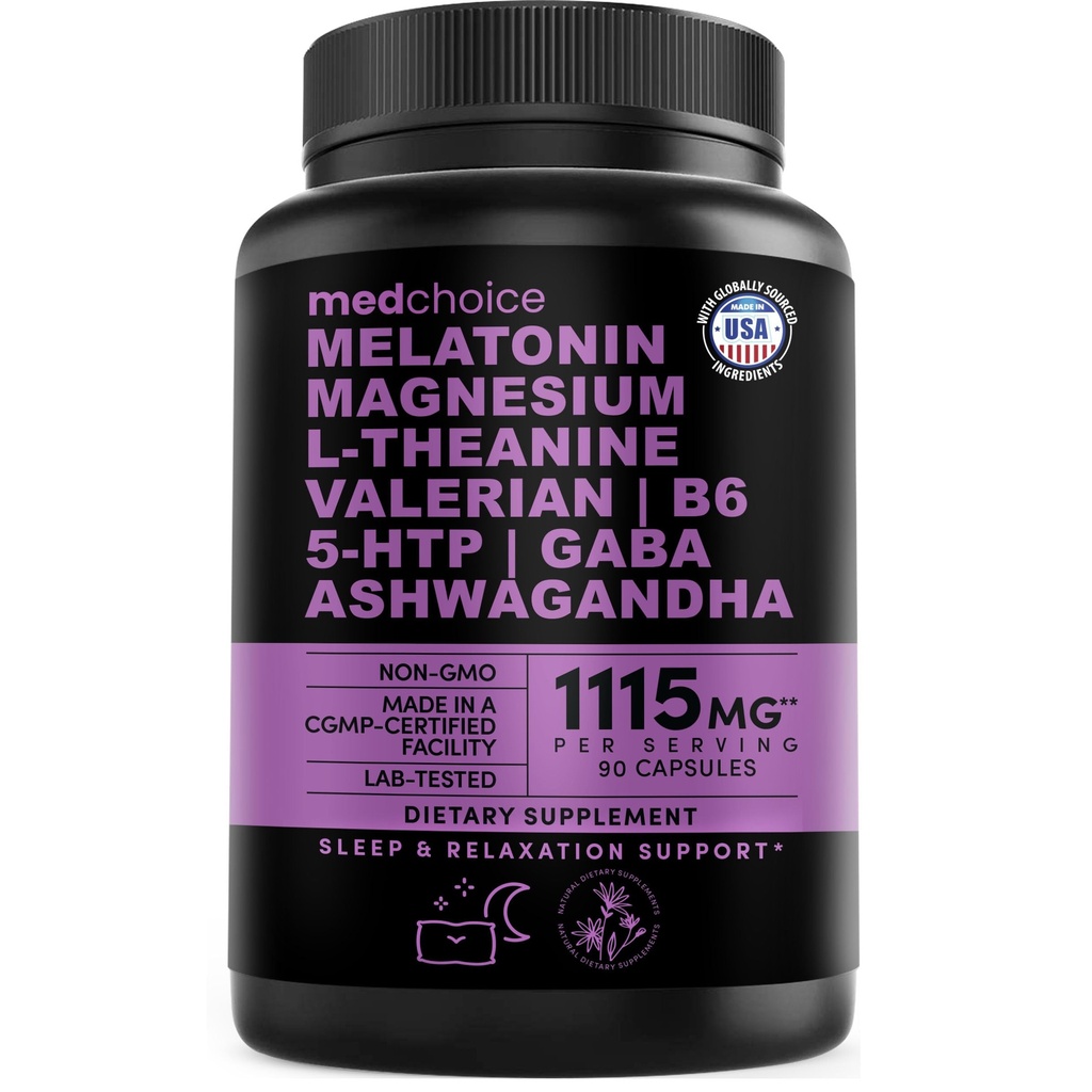 12-in-1 Melatonin 수면 캡슐 - Melatonin 5mg 및 마그네슘 글리세린 500mg, Ashwagandha, L Theanine, Valerian 뿌리, GABA, 5-HTP (90ct, 팩 1)와 성인을위한 자연 수면 보조