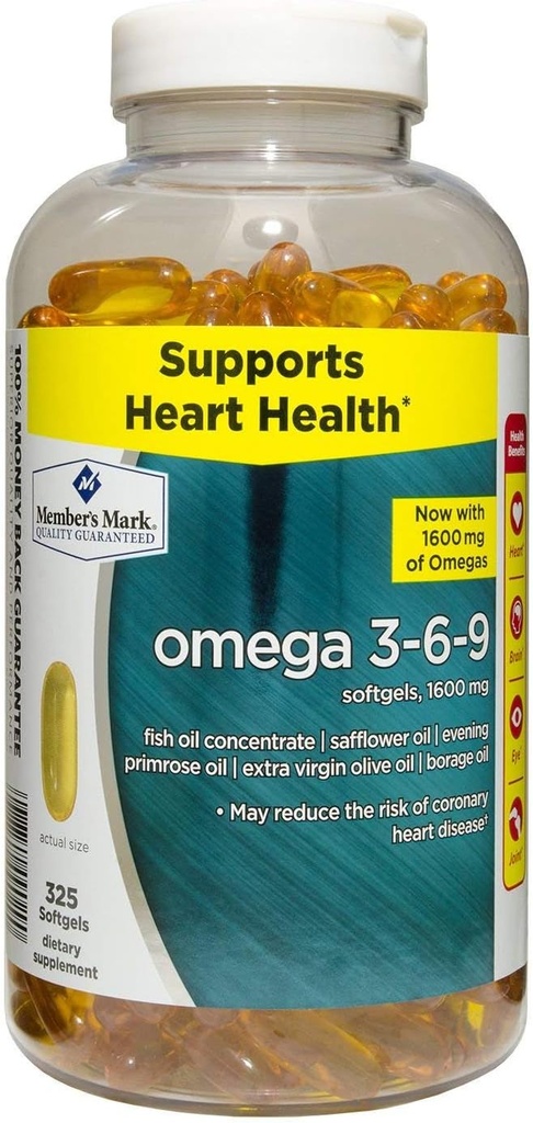 회원 마크 오메가 3, 6, 9 다이어트 보충 1600 Mg, 소프트 젤, 325Count