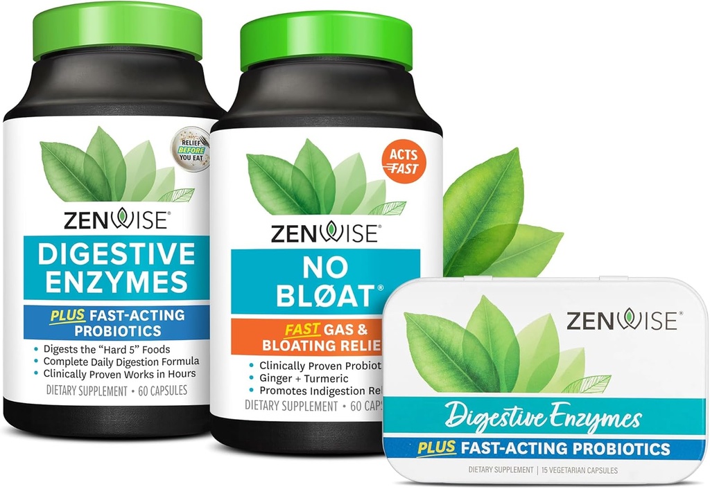 Zenwise 건강 블리스 번들 소화 효소 + No Bloat + 무료 여행 주석 - 효소와 프로바이오틱스를 가진 사전 및 Post Meal Digestive Routine