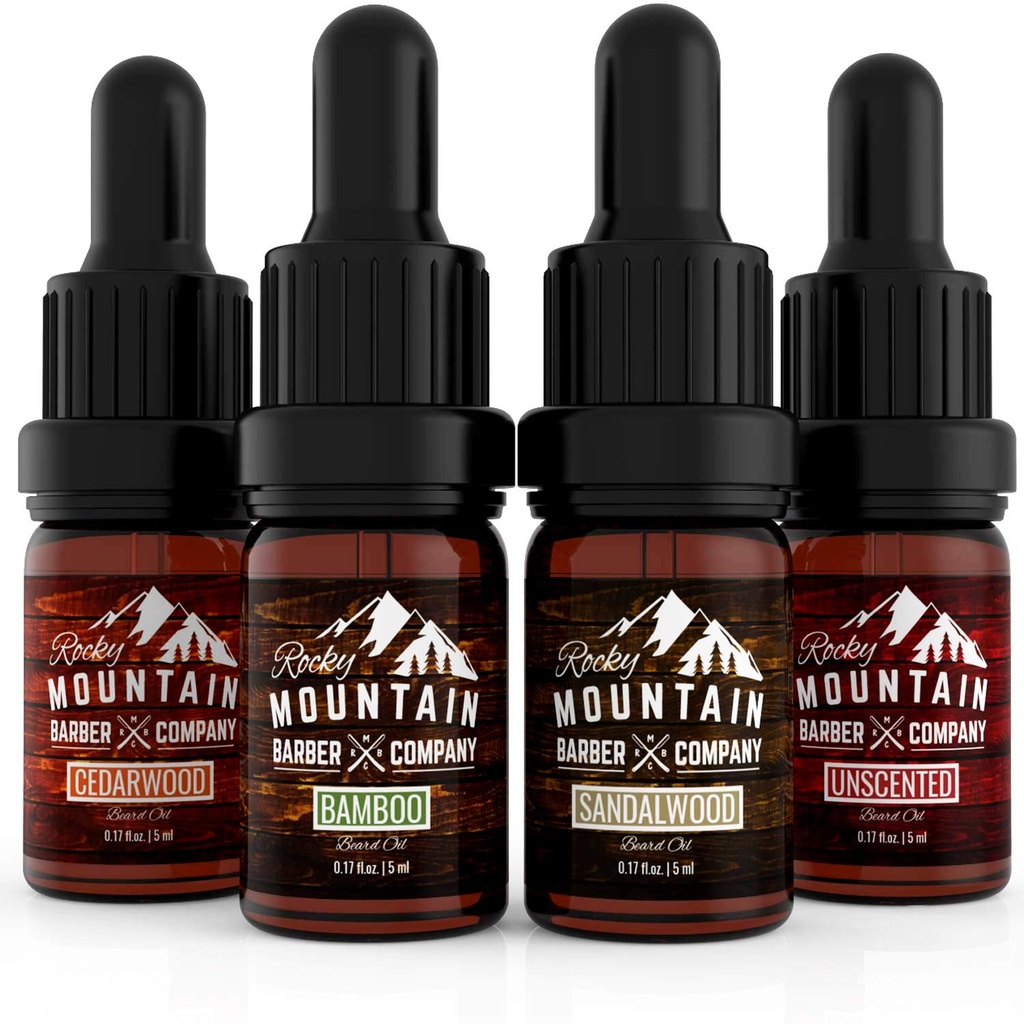 Rocky Mountain Barber Company Beard Oil Sample Size Pack - 4 독특한 Beard Oil Varieties (0.17 oz each) - Cedarwood, Sandalwood, Bamboo & Unscented - 필수 오일을 함유