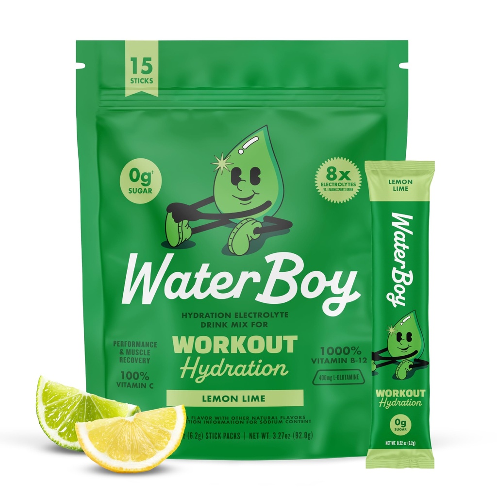 워터보이 운동 히드라이즈 | 2,960mg 슈가프리 일렉트로테 파우더 패킷 | L-Glutamine + Vitamin | No Sugar, All Natural, Gluten Free | 15 음료 스틱 믹스 (레몬 라임)