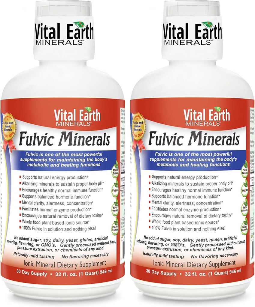 Vital Earth Minerals Fulvic Minerals Liquid - 70 + Trace Minerals, Energy & Vitality 용 전해질, 32 Oz Ea + 1 Oz Cup과 Fulvic Acid Supplement