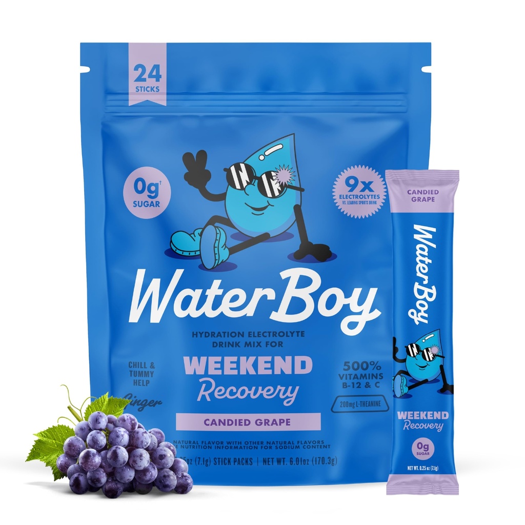 Waterboy 주말 복구 | 3,187mg 전해질 분말 패킷 | 생강 + L-Theanine + 비타민 | 설탕 없음, 모든 자연, 글루텐 무료 | 24 음료 스틱 혼합 (Grape)