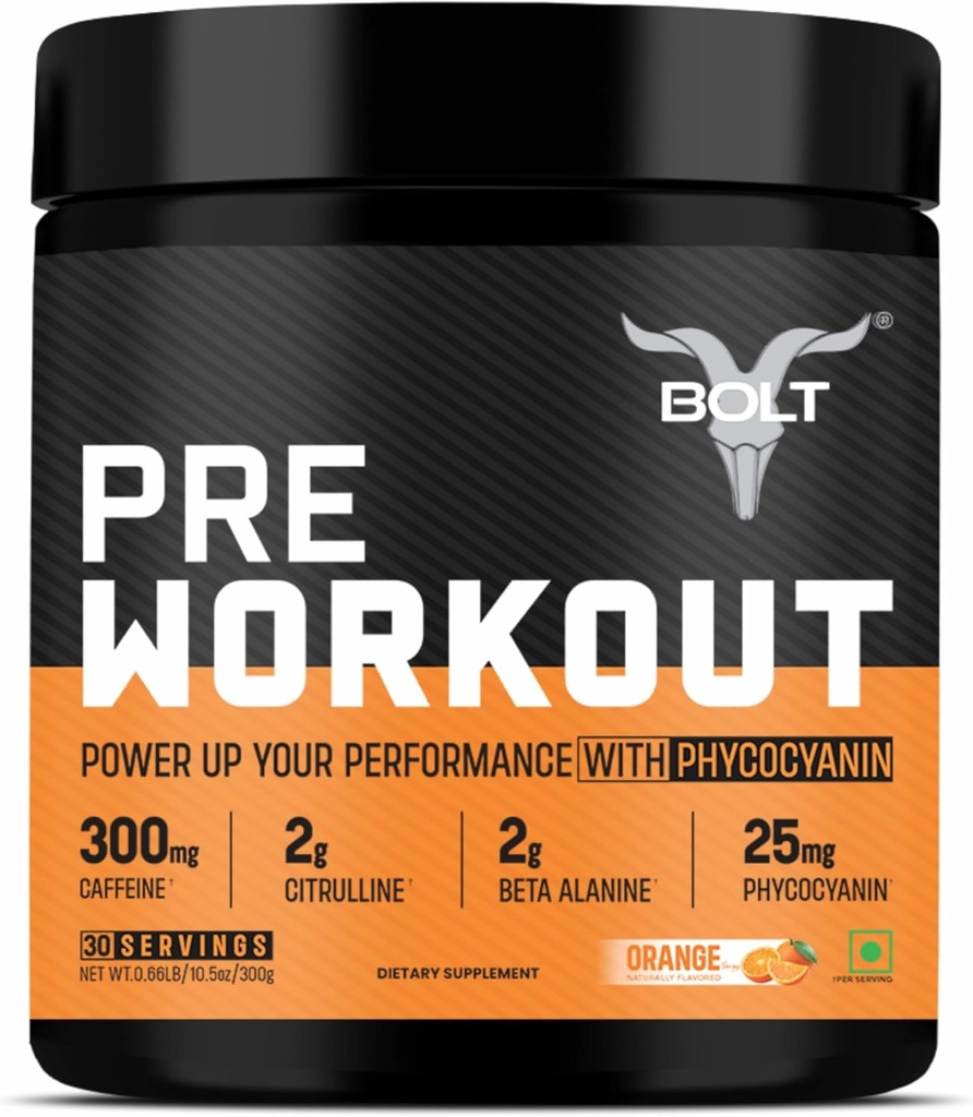 Caffeine, Citrulline Malate, B-Alanine, Taurine의 볼트 사전 운동 보충교재 | 폭발성 에너지, 펌프 및 초점 |300g,30 서빙 | Tangy Orange