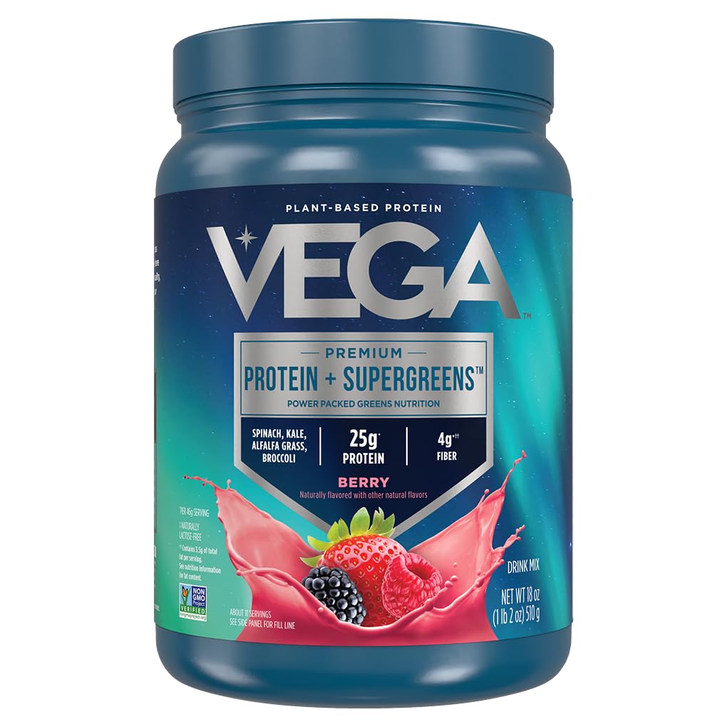 Vega Protein and Greens Protein Powder 혼합 Berry (11 서빙) 25g Plant 기반 Protein Plus Veggies, Vegan, Non-GMO, 여성 및 남성용 완두 단백질, 1.2lbs