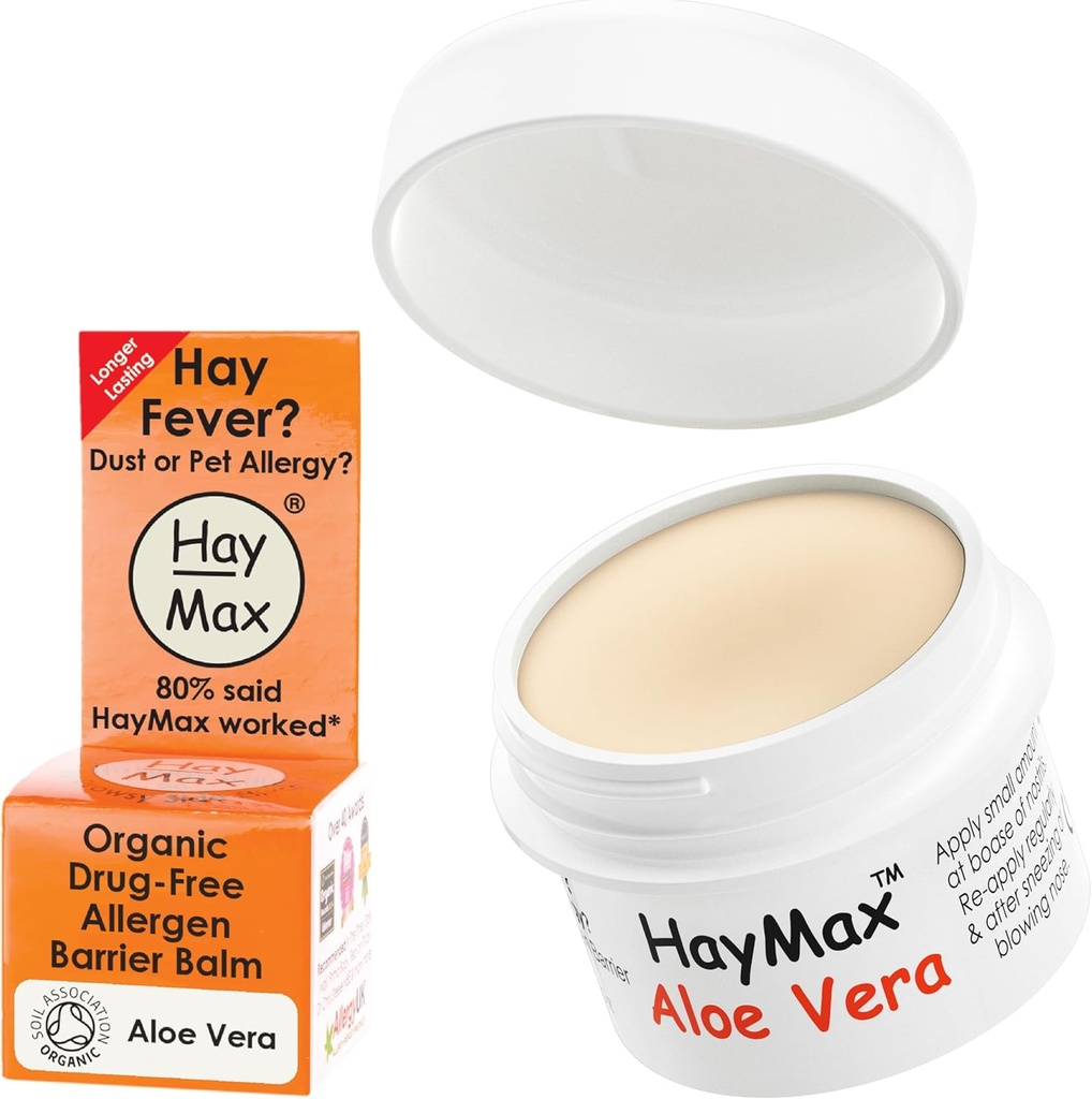 HayMax Allergen Barrier Balm - 알로에 Vera 0.17 fl oz - 유기, 자연 및 비-Drowsy Hay Fever & Allergy Relief Balm - 블록 Pollen 및 기타 알레르기 입자 - 성인, 어린이 및 임신 여성을위한 훌륭한
