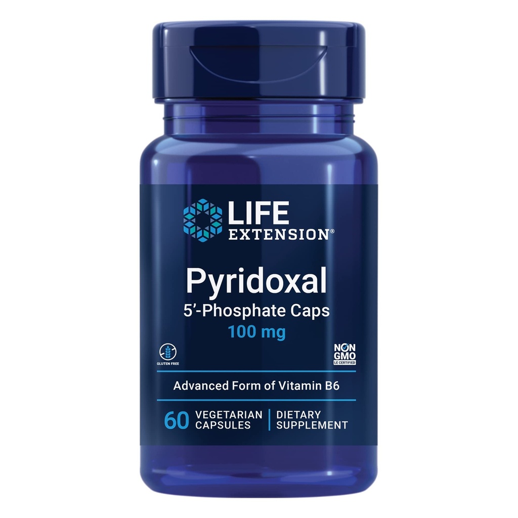 생활 연장 Pyridoxal 5'-Phosphate 모자 비타민 B6, 100 mg의 심장 혈관을 위한 생물 활성 B6, Kidney & Nerve 건강 글루텐 자유로운, 비 GMO, 채식주의자 60 채식 캡슐