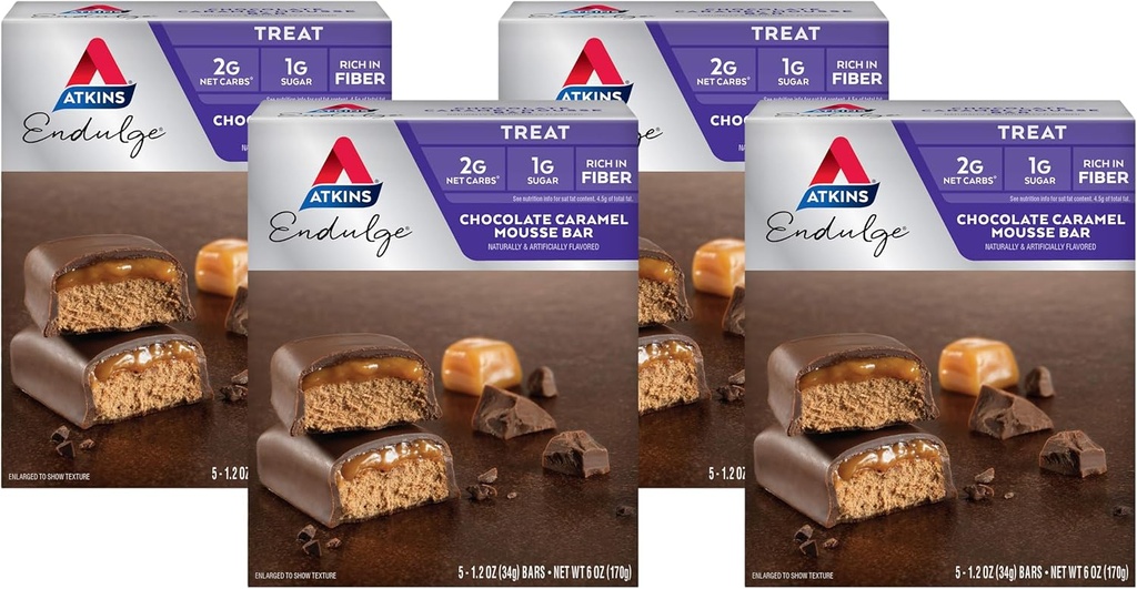 Atkins Endulge 초콜릿 Caramel Mousse Bar, 디저트 좋아하는, 1g 설탕, 섬유, 5 개 (팩 4)