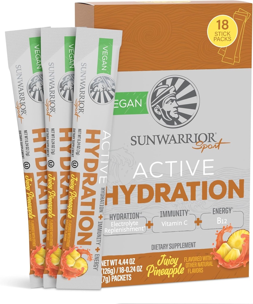 Sunwarrior Hydration Powder Electrolyte Packets Powder B12 Elderberry | 수분이 많은 파인애플 맛 18 스틱 팩 126g 파우치 | Vegan 및 Plant-Based Sugar Free