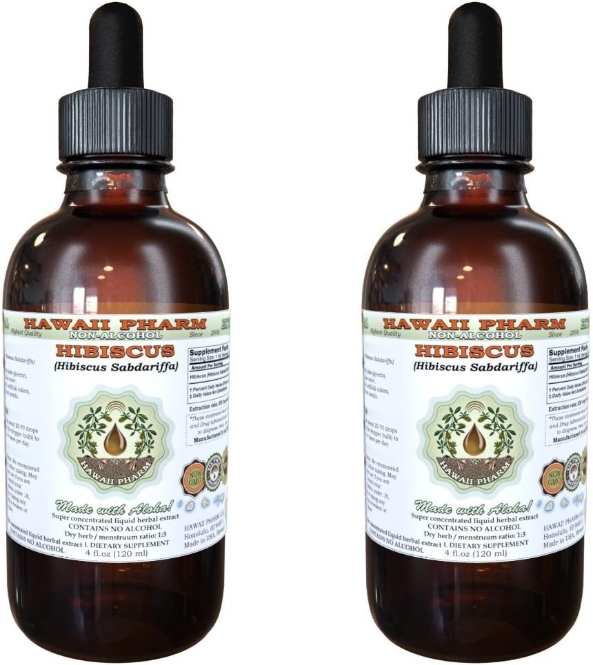 Hibiscus 알콜 자유로운 액체 추출물, 유기 Hibiscus (Hibiscus Sabdariffa)는 꽃 Glycerite 하와이 Pharm 자연적인 초본 보충교재 2x4 oz를 말렸습니다
