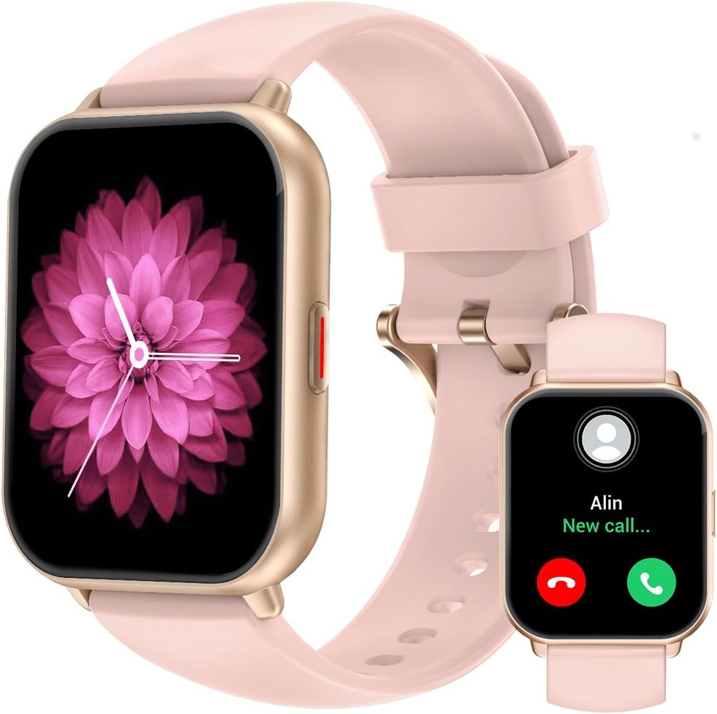 RUIMEN 남자 여자를 위한 똑똑한 시계 (Answer/Make 외침, 포함되는 2 밴드), iOS/Android 전화를 위한 1.8" Smartwatch, 적당 추적자 심장 비율/Sleep 감시자 디지털 방식으로 시계 방수 분홍색
