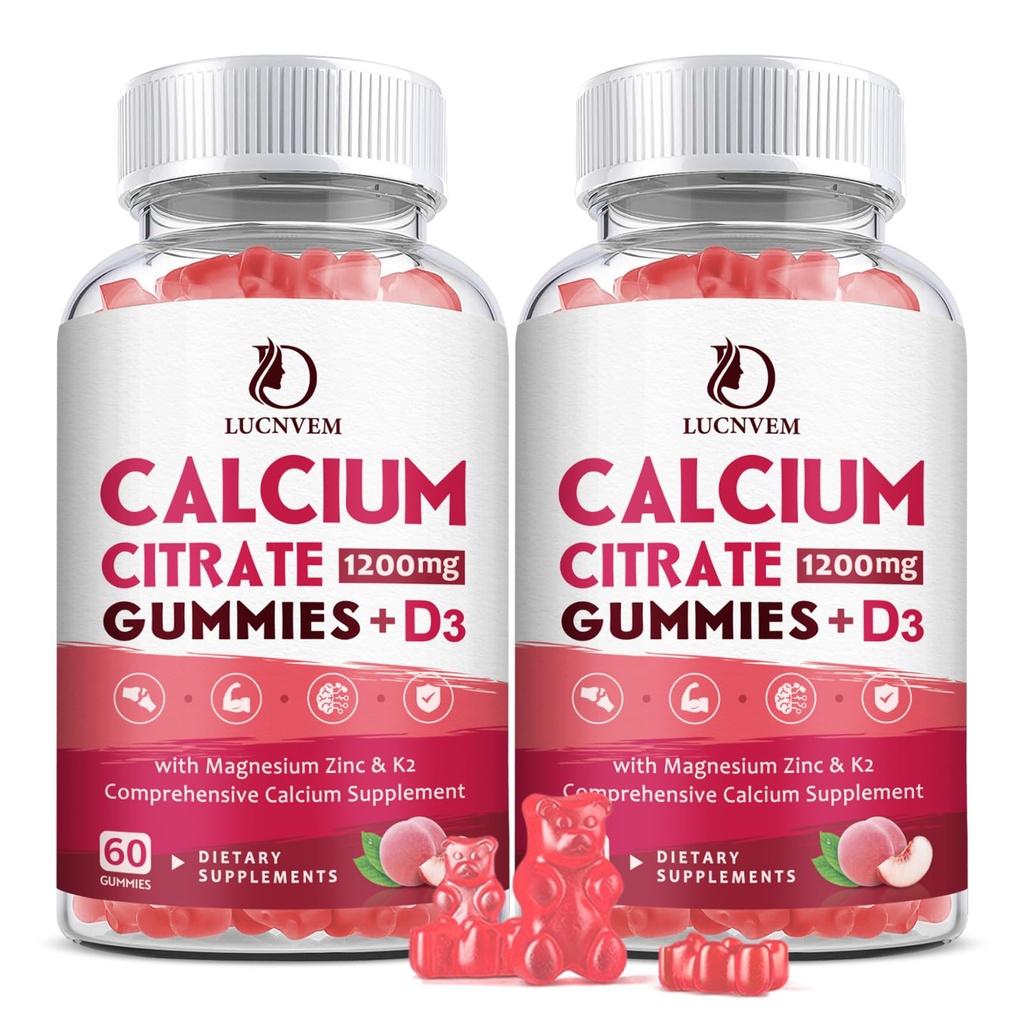 (2 팩) 비타민 D3를 가진 칼슘 구연산염 1200mg는 여자 & 남자, 비타민 D3 K2를 가진 칼슘 Gummies, 뼈 근육을 위한 높은 흡수 건강한 복숭아 풍미 60 일 공급을 보충합니다