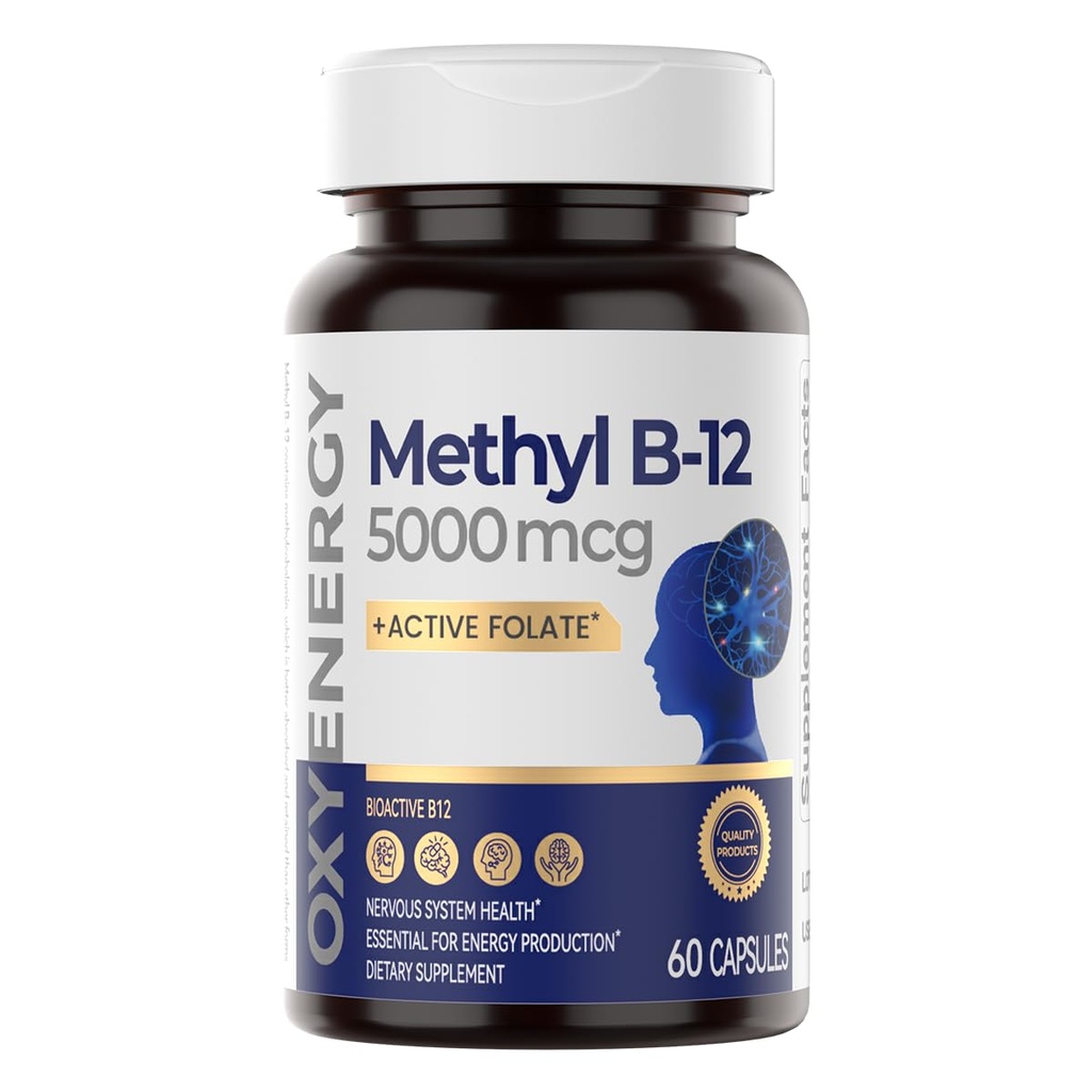 OxyEnergy 메틸 비타민 B12 5000mcg의 Folate를 가진 여분 힘 Methylcobalamin B-12 보충교재, 지원 Nerves, 에너지 대사 & Cognitive, 60의 캡슐