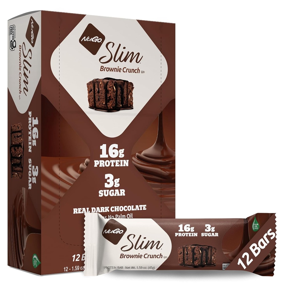 NuGo 슬림 다크 초콜릿 브라운 크런치, 16g 단백질 바, 글루텐 무료, Non-GMO, Kosher, Keto 친화적, 낮은 캐비, 12 조사