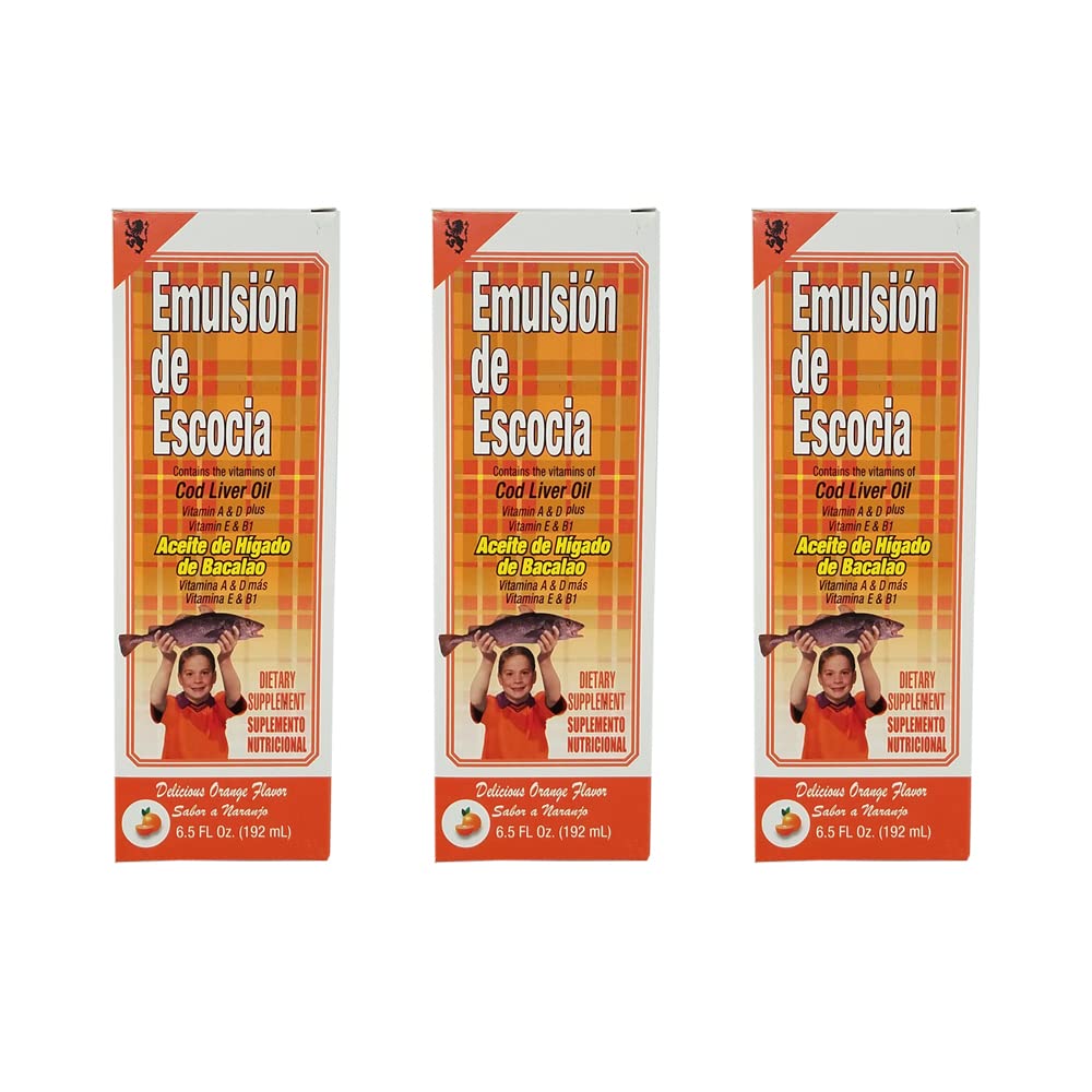 Emulsion 드 Escocia. Cod Liver 기름 규정식 보충교재. 비타민 A, D, E 및 B1에 풍부한. 오렌지 맛. 6.5 Fl.Oz / 192 mL. 3 팩