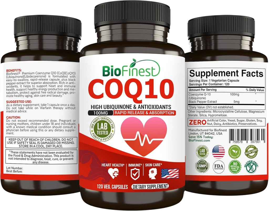 BioFinest CoQ10 Coenzyme Q10 100mg 보충교재 - 급속한 방출 빠른 흡수 - 면역성이 있는 심장 에너지 (120caps)
