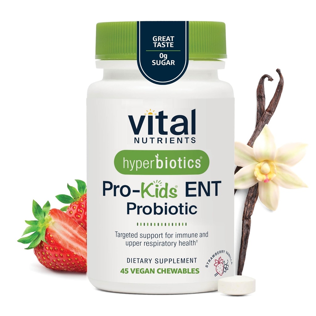 Hyperbiotics Vital Nutrients Pro Kids Probiotic ENT | 아이 이어, 노세 및 스로트를 위한 유아 프로바이오틱스 | 표적 면역력 | Strawberry-Vanilla 45 Sugar-Free Chewable Tablet