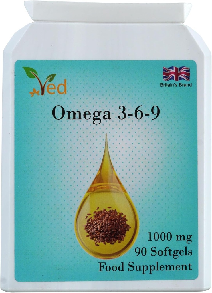 Ved Omega 3-6-9 음식 보충교재 softgel, 찬 압박 Flaxseed 기름에서, 1000 mg 90 연약한 젤 - 90 일의 공급.