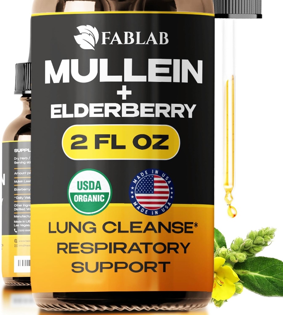 FabLab Mullein 잎 추출물 Elderberry 2 Fl Oz - 미국에서 만든 - 더 나은 Lung에 대한 드롭 - Lung Detox 용 Mullein Tincture - 흡연자를 위한 기관지 클렌징 - 호흡 허브 보충