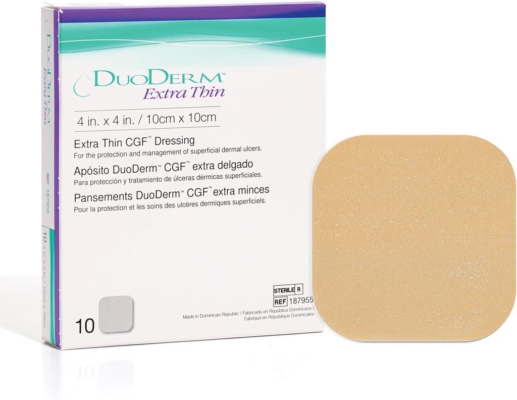 ConvaTec DuoDERM 여분 얇은 통제 젤 공식 4" x4” Superficial 부상, 낮은 마찰, 유액 자유로운, 방수, 정연한, 베이지, 10ct 상자를 위한 Hydrocolloid 메마른 접착성 드레싱