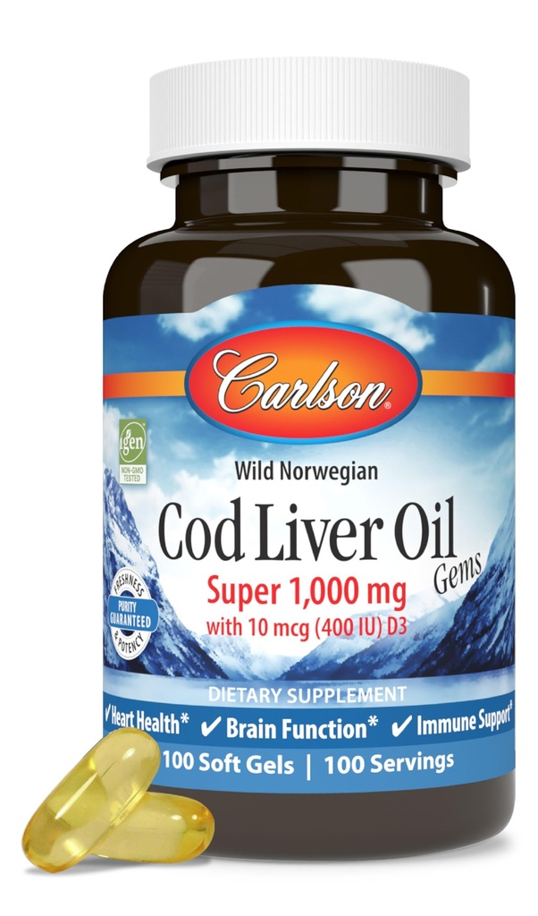 Carlson - Cod Liver Oil, Super 1000 mg + Vitamins A & D3, Wild Norwegian, 지속 가능한 Sourced, 100 Softgels