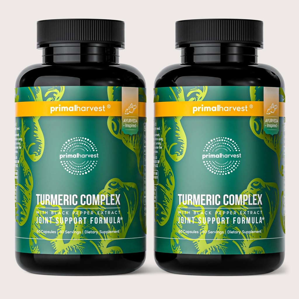 Primal Harvest 2 팩, Primal Turmeric Complex w/Black Pepper Extract, 공동 및 Mobility Support Supplement for Women & Men, 120 캡슐