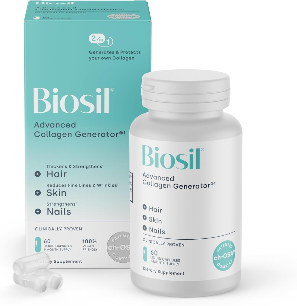 Biosil Collagen Booster Supplement - 60 Vegan 캡슐 - 피부, 헤어, 손톱 및 관절에 대한 특허 ch-OSA 활성제 - 천연 생산 지원 - 30 일 공급