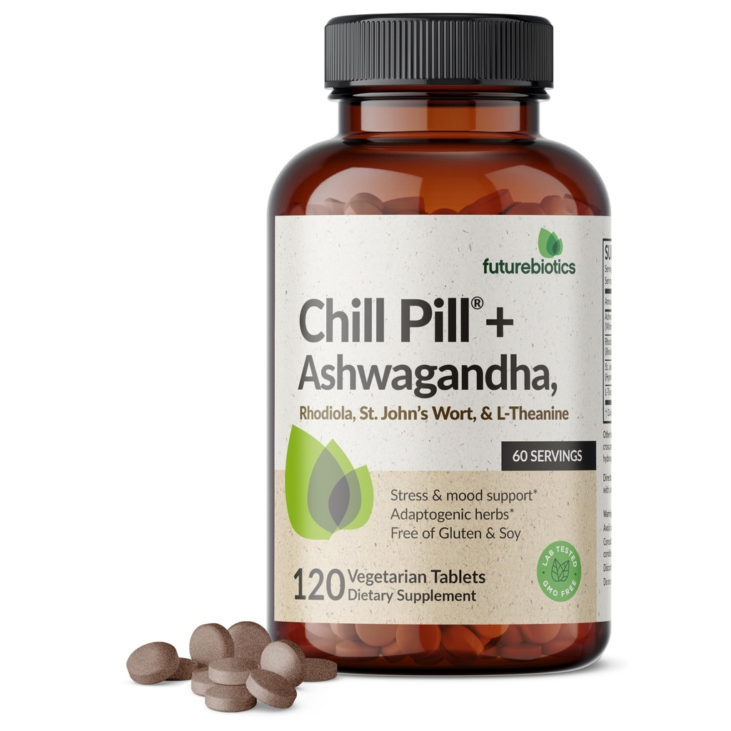 Futurebiotics Chill Pill + Ashwagandha, Rhodiola, St. John 's Wort, & L-Theanine - 비 GMO, 120 채식 정제