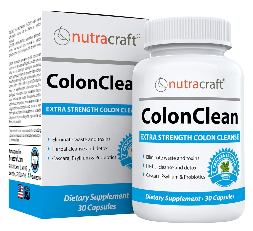Nutracraft ColonClean #1 Colon Detox와 변비 구호 | Senna, Cascara Sagrada, Psyllium, MCT, Aloe 및 Probiotics | 30 캡슐