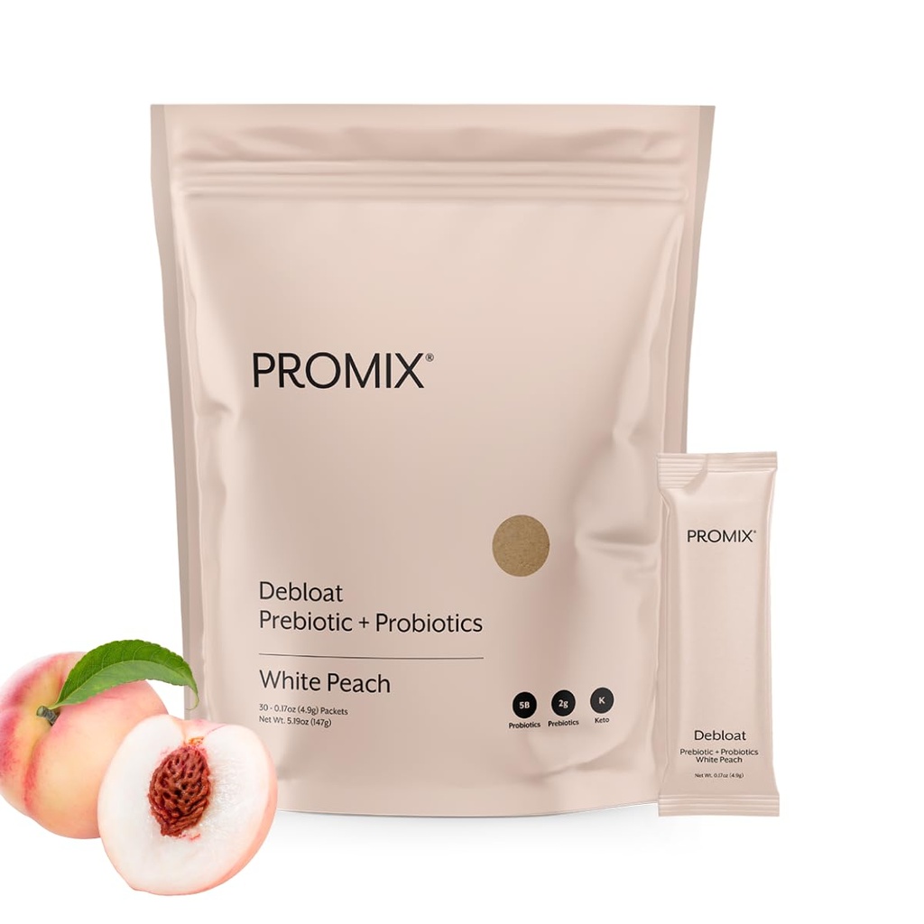 ProMix Nutrition Debloat Prebiotics 및 Probiotics, 여성을위한 Bloating Relief, 남자와 면역 지원을위한 Gut Cleanse Detox - 흰색 복숭아 - 30 서빙 (패치 30)