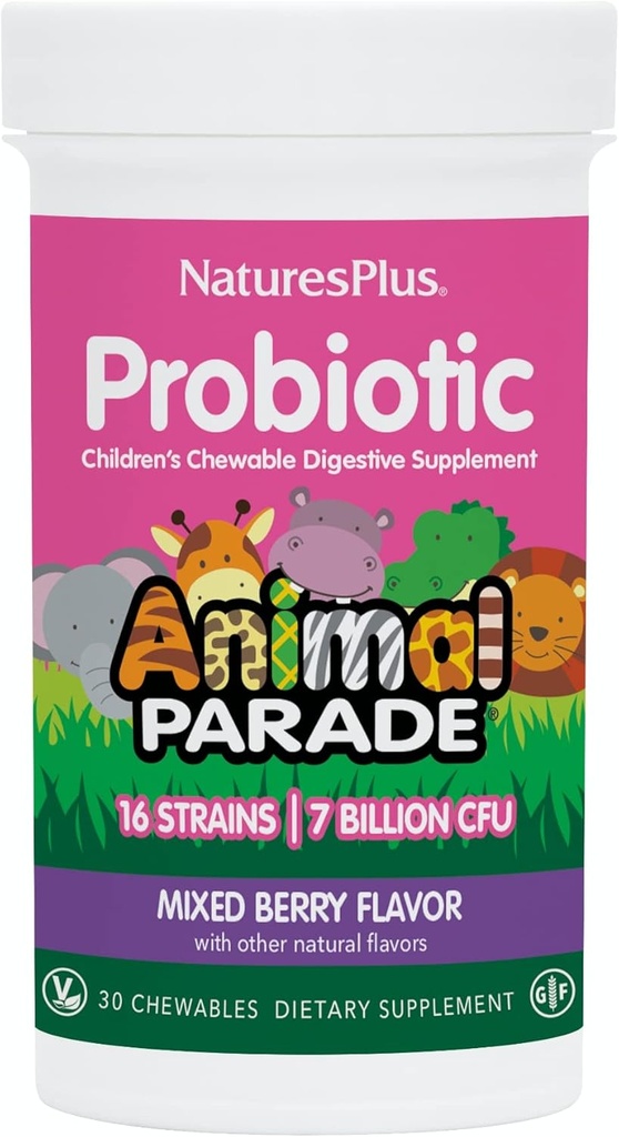 NaturesPlus Animal Parade Probiotic, 혼합 Berry - 30 Chewables - 어린이 소화 보충 - Gut Health & Immune Function 지원 - Vegan, 글루텐 무료 - 30 서빙
