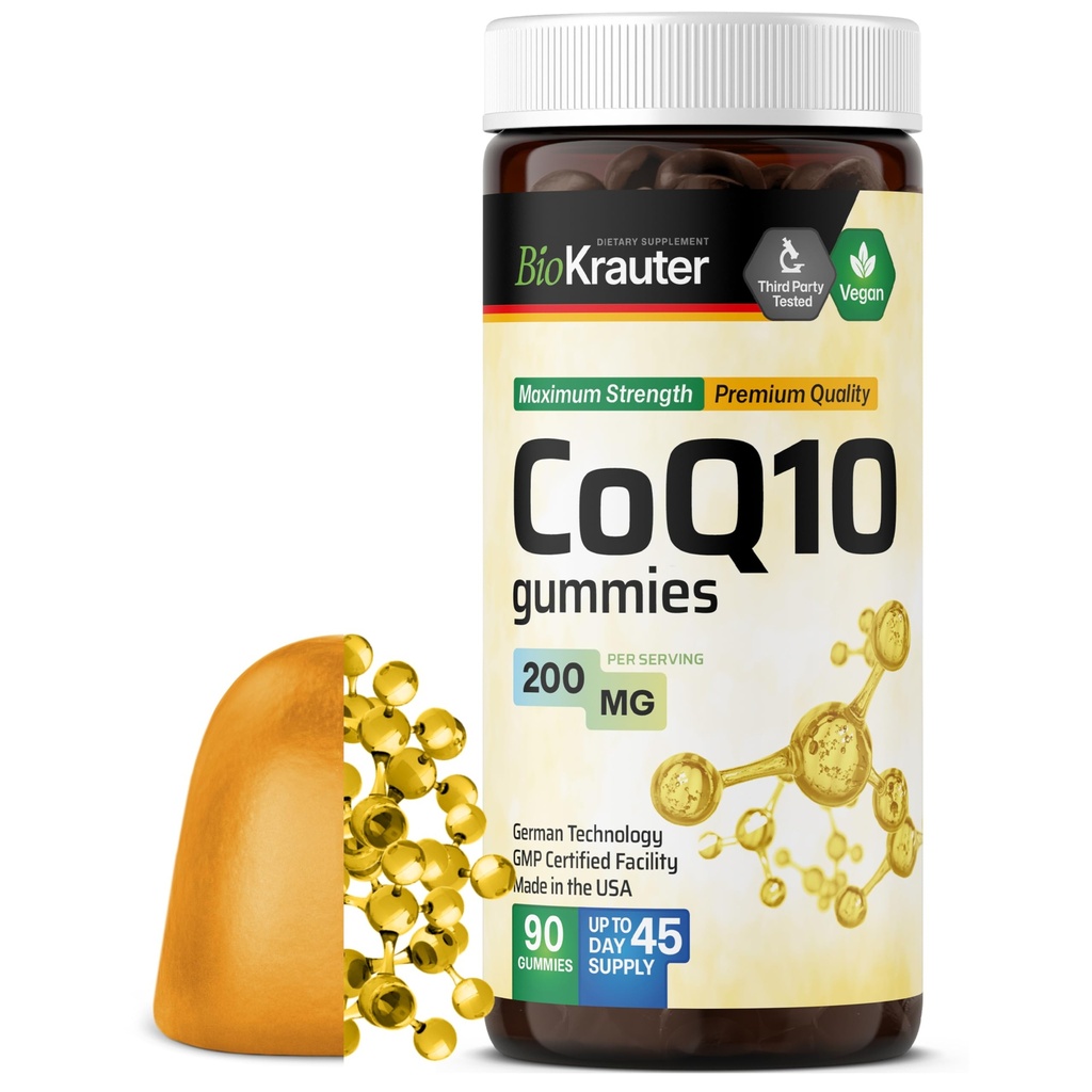 BIO KRAUTER CoQ10 200mg Gummies - 90 Vegan Chews - Coenzyme Q10 보충 - 성인을 위한 Pectin 근거한 산화를 억제하는 Gummies